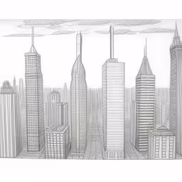 a pencil drawing of some very tall buildings,a pencil drawing of the city skyline