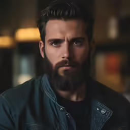 a bearded man looks intently into the camera