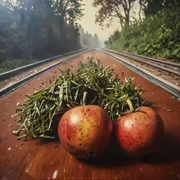 a few apples sitting next to each other on a table