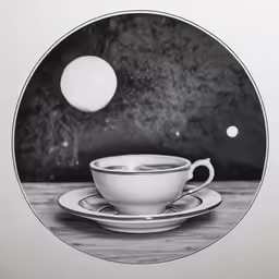 a white cup and saucer with a sphere on it