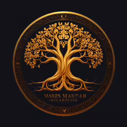 a tree with leaves growing inside it is featured in the golden circular logo,a golden tree that is surrounded by leaves and branches