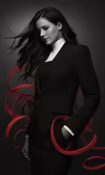 a woman standing in front of a black wall with red swirls on the bottom