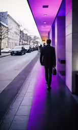 the man in suit walks down the city sidewalk