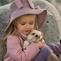 a small girl wearing a purple hat holding a small dog