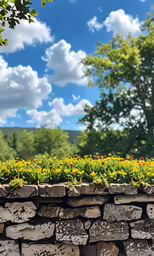 many different flowers on a stone wall near trees