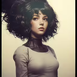 a woman with large hair standing against a wall