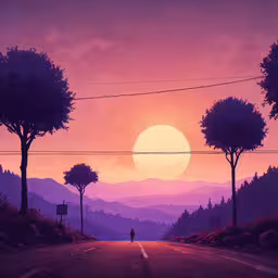 the sun rising over mountains and some trees with no one around it,a sunset over the mountains with trees in it