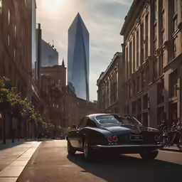 an old car is parked on the street between two buildings