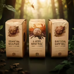 three bags of coffee on a dark surface