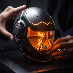 a close - up of someone wearing a helmet that is glowing yellow