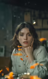 a woman with brown hair sitting at a table in front of orange peels
