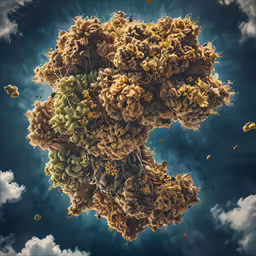 a bunch of very colorful plant life floating in the sky