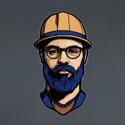 a drawing of a man wearing a hat and blue jacket,a drawing of a man in a construction hat