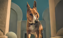 a dog standing between two arches wearing a collar