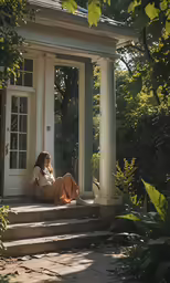 woman sitting in front of large white house