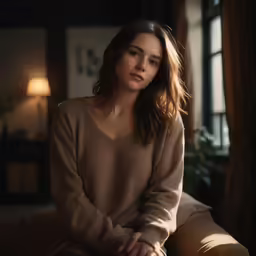 a woman is sitting on a couch posing for a photo