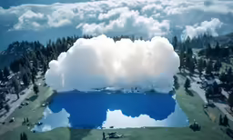 a large cloud in the sky and water in front of a lake