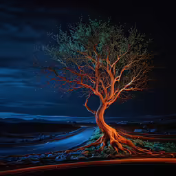 this tree glows brightly under the night sky