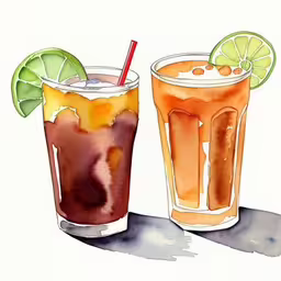two drinks with garnish and lime are on the table,two drinks on the table with lime and lemon