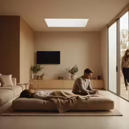 two people sitting on an outdoor sofa in a modern looking living room