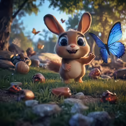 bunny holding butterfly in grass next to butterflies