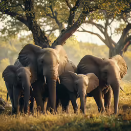 a herd of elephants walking down a grassy field
