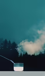 a bucket sits beside a forest with dark clouds in the background