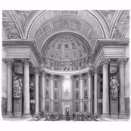 the interior of a church with columns and two men sitting in a room