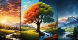 a series of three paintings depicting an autumn landscape