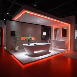 a modern looking bathroom has neon lights on the walls
