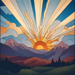 a colorful, hand painted poster of the sun setting over mountains