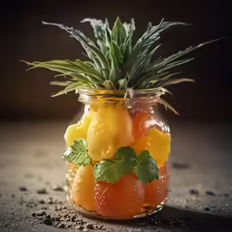 an arrangement of fruit in a jar with green garnish and leaves