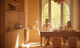 a man and woman sit at a table with laptop computers