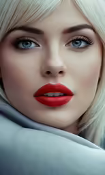a woman wearing red lipstick sitting down