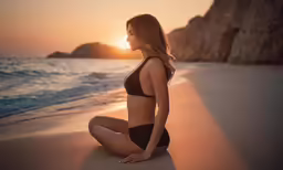 the beautiful woman is sitting on the sand at sunset