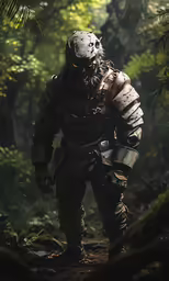 a man in a full metal armor stands in a forest