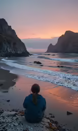 a woman sitting on the beach watching the waves