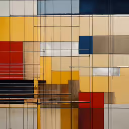 abstract painting made up of blocks and squares of varying colors,a multi colored wall with a bench and a bench