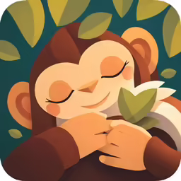 the illustration shows a monkey holding a plant