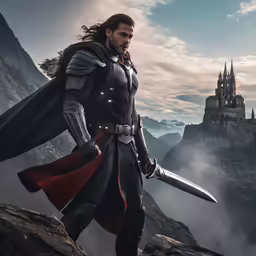 a man in black and red standing on top of a mountain holding a sword