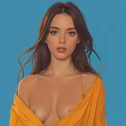 a woman with long hair and large breast wearing yellow