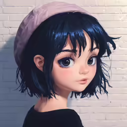 a doll wearing a cap against a brick wall