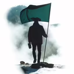 a man holds a flag above him while standing on top of a mountain