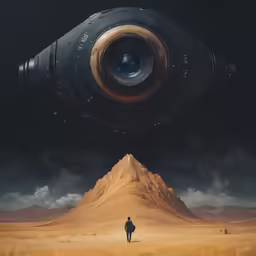 a person stands next to a huge telescope in the desert