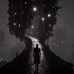 a person in a red coat is walking alone