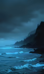 dark clouds hover over the ocean as a single surfer walks