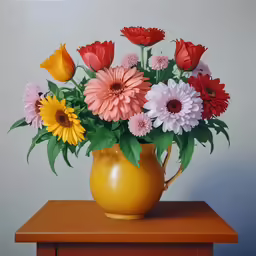 a painting of an arrangement of flowers in a pitcher on a table