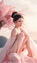 a woman wearing a pink dress with flowers sitting on the ground
