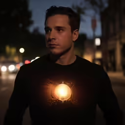 a man standing in the street with a light glowing in his chest