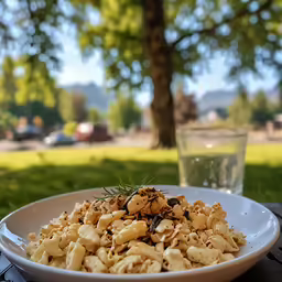 the bowl is full of cereal on the table
